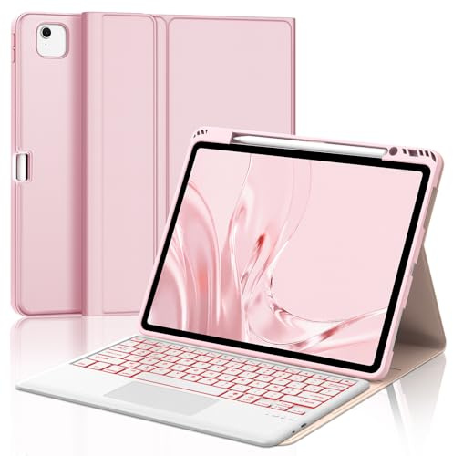 Coque Clavier avec Trackpad pour iPad Air 13 Pouces M4 2026/M3 2025/M2 2024 | AZERTY Français, Rétroéclairé 7 Couleurs, Clavier Bluetooth pour iPad Pro 12,9'' 6e/5e/4e/3e Generation, Rose