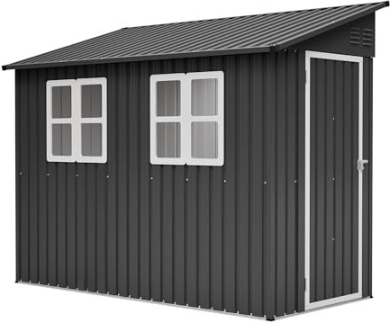 Gerätehaus Metall 229x110x192 cm – Wetterfeste Gartenhaus mit Fundament, Pultdach, Fenster, Abschließbarer Tür und Belüftung – Geräteschuppen für Garten, Anthrazit