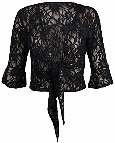New Womens Floral Lace 3/4 Three Quarter Short Sleeve Ladies Front Tie Up Sequin Shrug Bolero Stretch Cropped Top Cardigan Plus Size Black Size 20-22