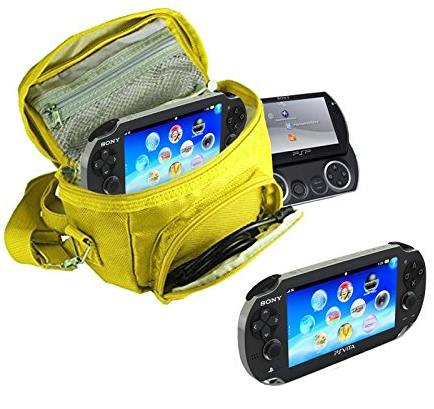 Orzly® - GAME & CONSOLE TRAVEL BAG for Sony PSP Consoles (GO/VITA/1000/2000/3000) Has Special Compartments for Games & Accessories. Bag includes Shoulder Strap + Carry Handle + Belt Loop - YELLOW