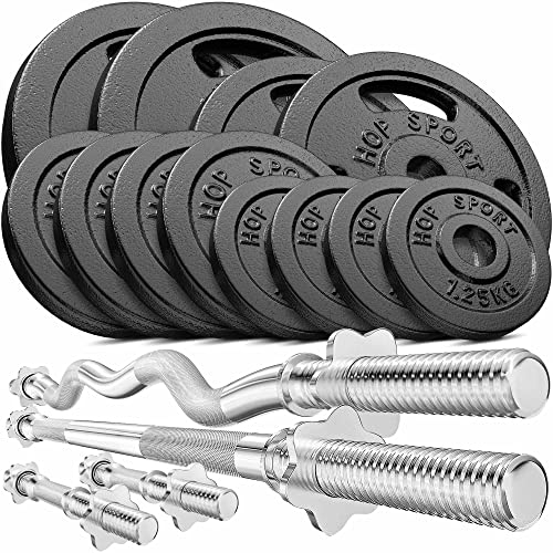 Hop-Sport Hantelset 66 kg, inkl. Langhantel, SZ-Curlhantel, 2 Kurzhantelstangen, 8 Sternverschlüsse, Guss Hantelscheiben, 150 kg Max. Belastbarkeit