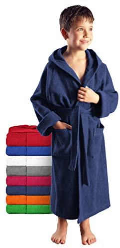 Arus Kinder-Bademantel mit Kapuze für Jungen und Mädchen, 100% Baumwolle Frottee, lang, Marine, 176