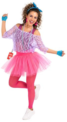 Fun Shack 80er Jahre Kostüm Damen, Neon Halloween Kostüm Damen | Spitzenoberteil, Tutu, Handschuhe, Kette & Haarband, Bunter Neon-Look, Perfekt für Halloween, Ideal zum Verkleiden
