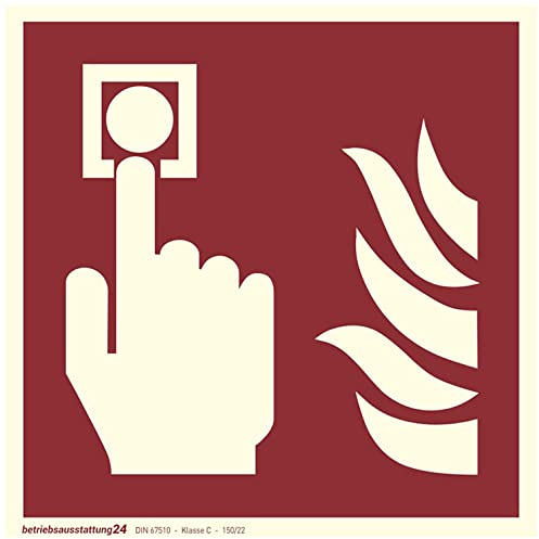 Betriebsausstattung24 Brandmelder Schild - Aluminium, langnachleuchtend - Größe: 20 x 20 cm - DIN 67510 Klasse C - Leuchtdichte 150 mcd