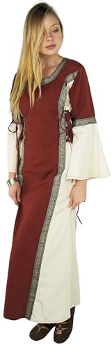 Leonardo Carbone® Damen Kleid Bordüre Sophie | Verstellbare Schnürung | Fließende Trompetenärmel | Karneval, Halloween, Cosplay, LARP, Mittelalter, Fantasy, Kostüm | 100% Baumwolle Rot/Natur S