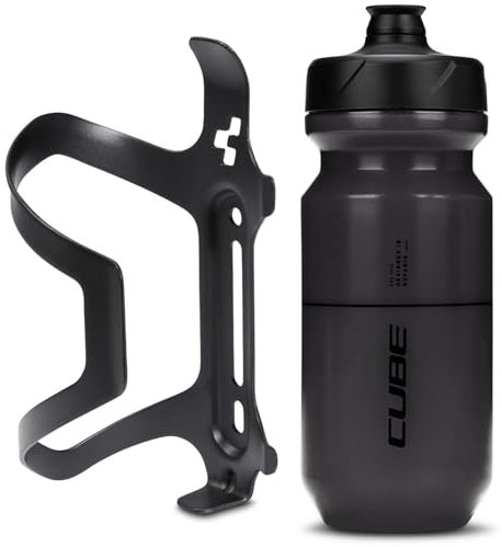 Cube HPA Anodised Side Loading Cage - Black & Flow Bottle - Black, 500ml / Alloy Lightweight Bicycle Cycling Cycle Bike MTB Mountain Road Water Drink Flask Bidon Bracket Mount Holder HPP Accessories