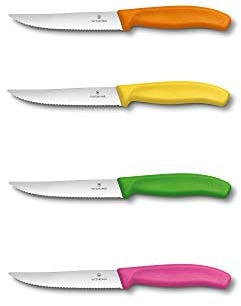 Victorinox - Couteau à Steak Gourmet Swiss Classic, Tranchant denté 12 cm - Couleurs Assorties: Jaune, Orange, Rose, Verte - Emballage spécial de 16 Pièces