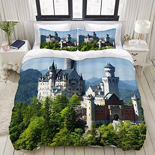 ELIENONO Bedding Bettwäsche-Set,Deutschland-Neuschwanstein-Schloss-angenehmer Natur-Landschaftsgrün Forest Blue Sky,Mikrofaser Bettbezug und Kissenbezug - (135 x 200 cm)