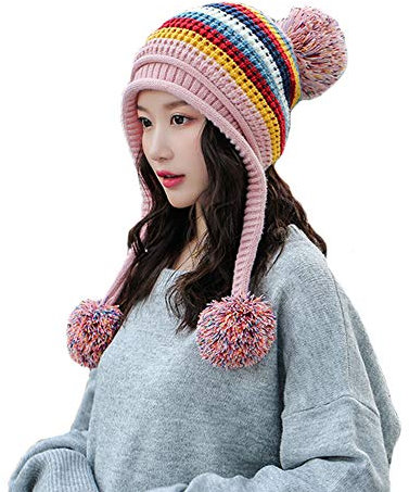 XINQIAO Damen Hut Winter Peruanisch Mütze Stricken Ohrenklappen Pom Pom Deckel (Rosa)