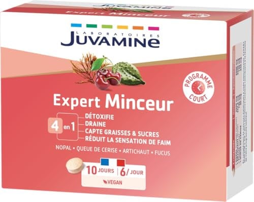 JUVAMINE - Expert Minceur 4 en 1 - Détoxifie - Draine - Capte Graisses et Sucres - Réduction la Sensation de Faim - Programme 10 jours - 60 Comprimés - Fabriqué en France