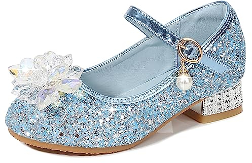 Eleasica Scarpe da Principessa per Ragazze Scarpe col Tacco Bambine Punta Chiusa Ballerine Principessa Cenerentola Elsa Sera Matrimonio Festa Cocktail Mary Jane,Blu,26