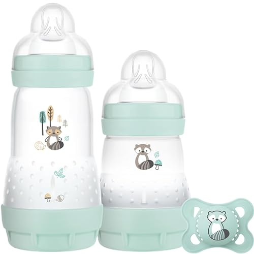 MAM Easy Start Colours of Nature Starter Self Sterilising Anti Colic Starter Set, Non-Shiny Matt Finish Newborn Bottle Set and Soother, Newborn Essentials, Green (Designs May Vary)