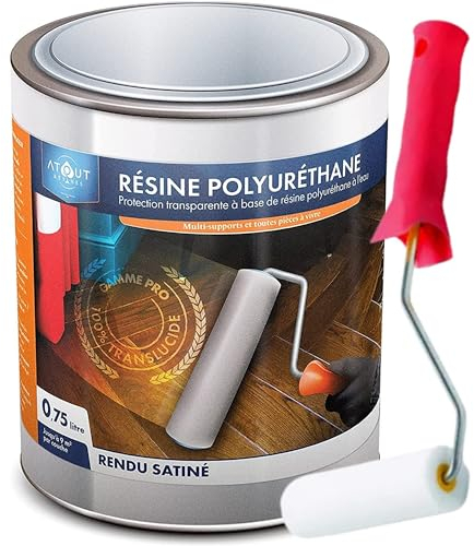 Résine polyuréthane SATIN 750ML mono- composant, incolore, vernis, vitrificateur, protection polyvalente, multi-usages et son rouleau adapté à la bonne application de la résine.