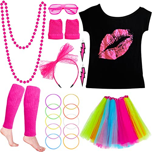 VIPNAJI 80er Jahre Kleidung Damen Set, 21PCS Kostüm Accessoires 80er, T-Shirt, Netzgarnrock, Netzhandschuhe, Stirnband, Halskette, Armband, Ohrring, Neon 80 Jahre Outfit Party Mädchen Kinder