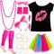 VIPNAJI 80er Jahre Kleidung Damen Set, 21PCS Kostüm Accessoires 80er, T-Shirt, Netzgarnrock, Netzhandschuhe, Stirnband, Halskette, Armband, Ohrring, Neon 80 Jahre Outfit Party Mädchen Kinder