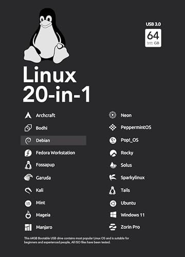 64GB - 20-in-1, Bootable USB Drive 3.2 for Linux & Windows 11, Zorin | Mint | Kali | Ubuntu | Tails | Debian, Supported UEFI and Legacy