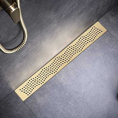 BAUNVB Linearer Duschablauf 24 Zoll Rechteckig, Gebürstet Gold 304 Edelstahl Duschrinne, 51L/min Schnelle Entwässerung Boden Linearablauf US-Standard CUPC Zertifiziert Zirkonium Gold, SD-102-24ZG