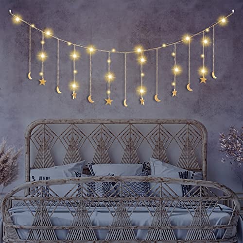 Mondphasen Girlande, Boho Wanddeko, Handgemachte Mond Wandkunst, Boho Mondzyklus Ramadan Dekor Schlafzimmer, Wohnzimmer, Gold Girlanden Deko 150cm 13 Monde Sterne, mit LED Lichterkette