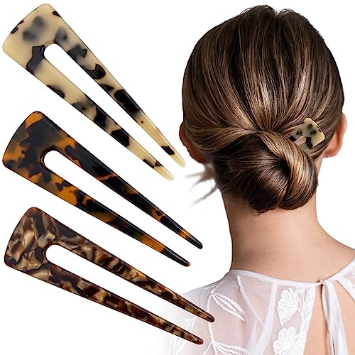 HINZIC Lot de 3 fourchettes à cheveux en forme de U de 10,6 cm pour cheveux longs et épais, vintage, écaille de tortue, acétate, 2 broches, chignons, chignons, épingles à chignon pour femmes et filles