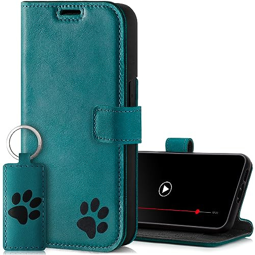 SURAZO Wallet Handyhülle für Apple iPhone 15 Pro Hülle Leder – Echtleder Schutzhülle mit Pfote Motiv – RFID Klapphülle [ Magnet, Standfunktion, Kartenfach ] Flip Cover Case Lederhülle (Türkis)