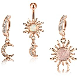 PiercingJak 3er 14G Clicker Piercing Bauchnabelpiercing mit Sonne Mond Anhänger Chirurgenstahl CZ Bauchnabel Ring 10mm Nabelpiercing Barbell Körper Schmuck für Frauen Mann, Rosegold