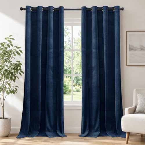 Ystyle Samt Vorhang Blickdicht 2er Set, H225 x B140 CM, Marineblau | Wasserabweisend Gardinen Wohnzimmer Modern, Thermovorhang Hitzeschutz Kälteschutz, Verdunklungsvorhänge per Soggiorno