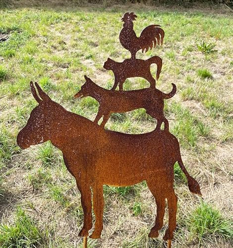 Bremer Stadtmusikanten 60x50cm zum Stecken Gartenstecker Edelrost Gartendeko Wetterfest Rost Gartenfigur Metall Rostfigur Hahn Katze Hund Esel Tier