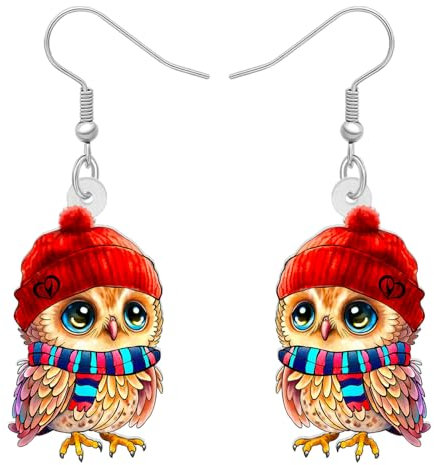 WEVENI Cute Acryl Eule Ohrringe Anhänger Cartoon Vogel Schmuck für Damen Mädchen Eule Liebhaber Geschenke (Rote Mütze Eule)