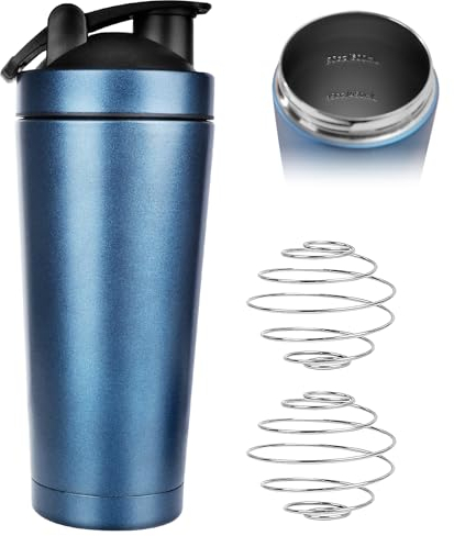 JOLIGAEA Edelstahl Protein Shaker, 750ml Shaker Eiweiß Sport Fitness, Doppelwandig, Vakuum Isoliert, Sport Fitness Protein Shaker Eiweiß mit Skala optimal für Eiweiß, Diät und Fitness Shakes, Blau