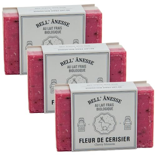 Label Provence - Doppelseitige Peeling-Seife mit französischer Seife – Für Weichmachung, Befeuchtung und Pflege für alle Hauttypen – Kirschblüte und Eselsmilch Duft – 125 g – 3er-Set