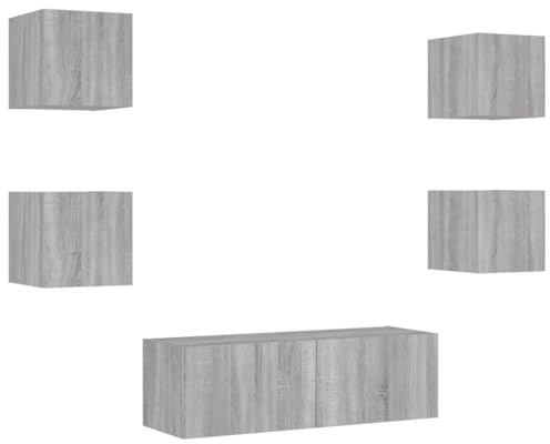 vidaXL TV Wohnwand 5-TLG., Wandschrank mit viel Stauraum, Fernsehschrank Schrank mit LED-Leuchten, Wandmontage TV Einheit Möbel Wohnzimmer Set, Grau Sonoma