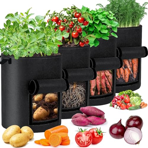 ROTRES 4 Piezas Bolsas de Cultivo Plantas 35L,Bolsas de Cultivo de Papa,Bolsa de Macetas Colgantes con Asas No Tejidos Transpirables,Bolsa de Plantación con Ventana de Velcro,Apto para Tomate,Batata