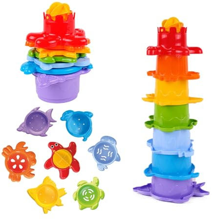 FancyBaby 1+ Pyramide de Gobelets à Empiler 29 cm Jouets de Bain pour Bébé et Enfant 1 2 3 Ans Tour Gigogne Empilable avec les Animaux de la Mer Jeu de Bain, de Piscine et de Sable à partir de 12 mois
