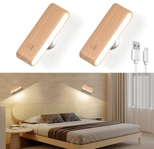 Euakee 2 Stück 2600mAh Akku Wandleuchte, Wandlampe Holz, Wandleuchte Ohne Stromanschluss, Wandlampe Kabellos Dimmbar Touch Control, 360° Drehbare Magnetische für Wohnzimmer Schlafzimmer