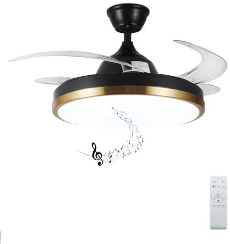 Horevo Ventilador de Techo Retráctil Altavoz Bluetooth, Ventilador LED de 36W con Mando a Distancia, Ventilador de Araña Regulable - Elegante Diseño Negro y Dorado