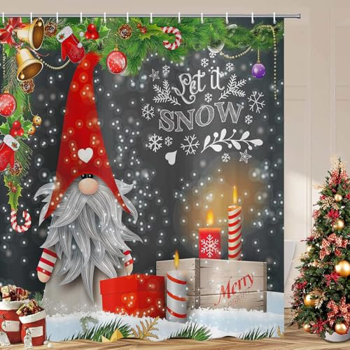 ASDCXZ Weihnachten Duschvorhang 180x180 cm, Winter Weihnachtlich Goblins Schneeszene Rot Dekorieren Waschbar Bad Duschvorhänge Polyester Textil Wasserdicht Duschvorhang für Badewanne mit 12 Haken