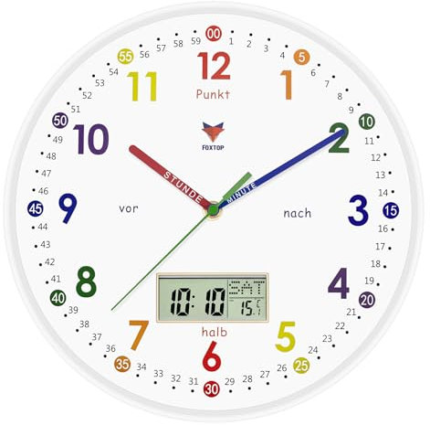 Foxtop Lernuhr Kinder - Lernuhr ohne Tickgeräusche - LCD-Display -Analoge Kinderuhr zum Lernen und Üben der Uhrzeit - Dekoratives Kinderzimmer,30 cm