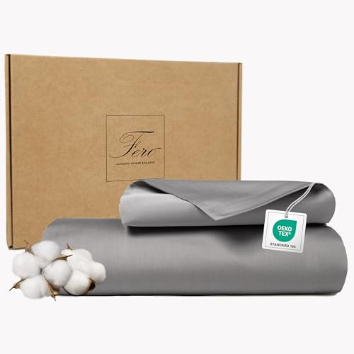 Ferò Set Copripiumino Singolo cotone 155x220 con Federa 50x75, Copri piumino di lusso in Raso di Cotone 300 TC a fibra lunga e Proteine della Seta, Design Made in Italy, Duvet Cover, Grigio