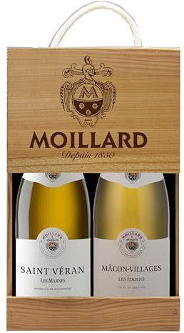Moillard - Coffret cadeau Saint-Véran, Mâcon-Villages, Chardonnay Vin Blanc, Grand Vins de Bourgogne en caisse bois (2 x 0,75L)