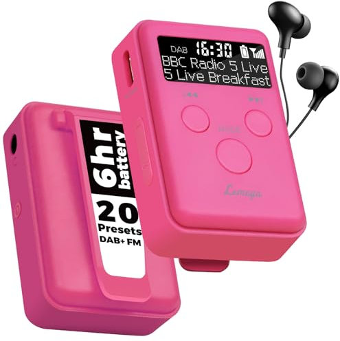 LEMEGA MINI GO DAB Portable Pocket Digital Radio,Personal Mini DAB Sports Radio,Sports Clip & XL Length Earphones,Rechargeable Battery,Quick Charge,20 Station Presets,Pink
