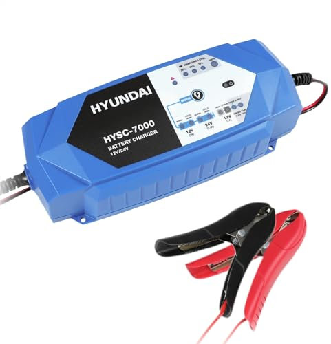 HYUNDAI Batterieladegerät HYSC-7000 | 12V/24V | Intelligentes Ladegerät für Autobatterie, Motorrad, Boot | AGM, AGM+, EFB, Gel, Wet, MF, 12V Lithium Ionen, LIB | Temperaturausgleich, Reparaturmodus