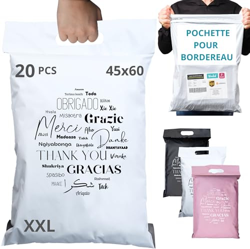 EMBALLAX - 20 Versandtaschen MIT TASCHE FÜR VERSANDETIKETT - XXL 60x45cm - WIDERSTANDSFÄHIG/WASSERDICHT - Versandtüten für Kleidung - Warensendung Umschlag für Kartons - Versandbeutel - Danke