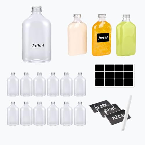 BSDYCL 12 Pcs 250ml Plastic Bottles with Lids, Empty Reusable Juice Bottles, small plastic bottles with Sticker for Milk, Water, Beverages, Juice, Alcohol