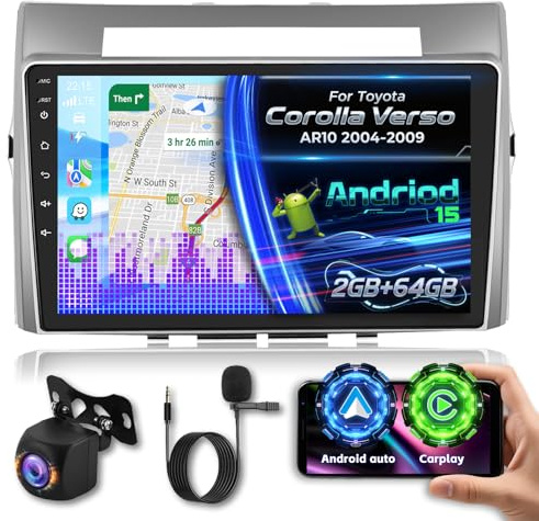 【2G+64G】 Autoradio für Toyota Corolla Verso AR10 2004-2009 mit Wireless Carplay & Android Auto, 9 Zoll Autoradio mit WiFi/GPS/Bluetooth 5.1/FM Radio/DPS Hi-Res