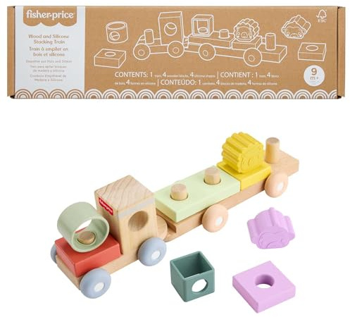 Fisher-Price Holz-Stapelzug, Baby- und Kleinkindspielzeug | Schiebezug mit 4 Holzklötzen und 4 Silikonformen, Förderung von Fein- und Grobmotorik, ab 9 Monaten, JKH08