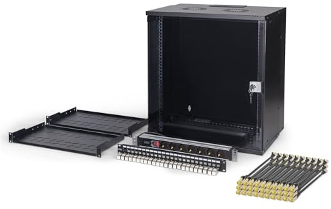 DIGITUS 19 Network Kit - 12U Network Cabinet - 2 Shelves 1U - 24-Port Patch Panel - 24 Keystone Modules - 30 Patch Cables - Power Strip - Unmounted - SOHO PRO Series - Black