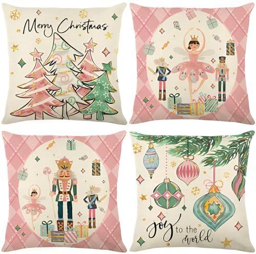 Hopomoon Fodere per Cuscini Natalizi Tema Schiaccianoci e Ballerina Stile Acquarello Set da 4 Copricuscini Decorativi Invernale Elegante, per Soggiorno e Camera Bambini