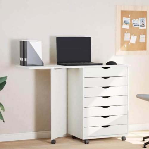 Ziaphsol Moss Rollschrank mit Schreibtisch, Weiß Massivholz Kiefer, klappbar, 105,5 cm breit, 7 Schubladen, flexibel rollbar, für Büro und Wohnzimmer