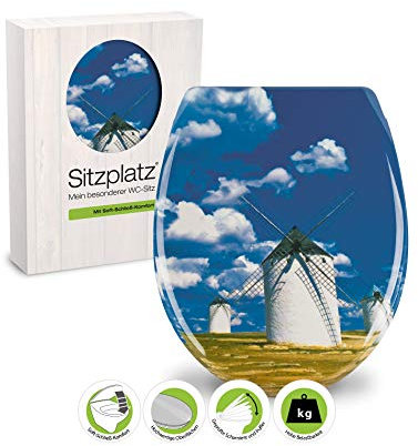 SITZPLATZ WC-Sitz mit Absenkautomatik, Dekor Windmühle, antibakterieller Duroplast Toilettendeckel, Standard O-Form universal, Metallscharniere, Toilettensitz, 40125 8