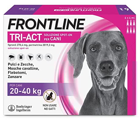 Frontline Triact, 6 Pipette, Cane L (20-40Kg), Antiparassitario Per Cani E Cuccioli Di Lunga Durata, Protegge Il Cane Da Pulci, Zecche, Zanzare, Pappataci E Leishmaniosi, Antipulci 6 Pipette